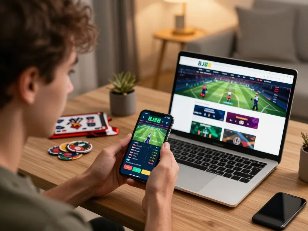 Betting on BJ88 app during an exciting online gaming session with sports odds displayed