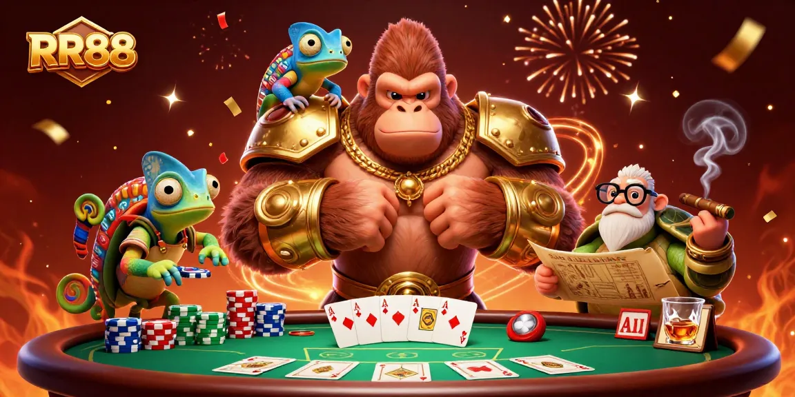Experience excitement at RR88 with a vibrant scene featuring animated characters and engaging casino elements.