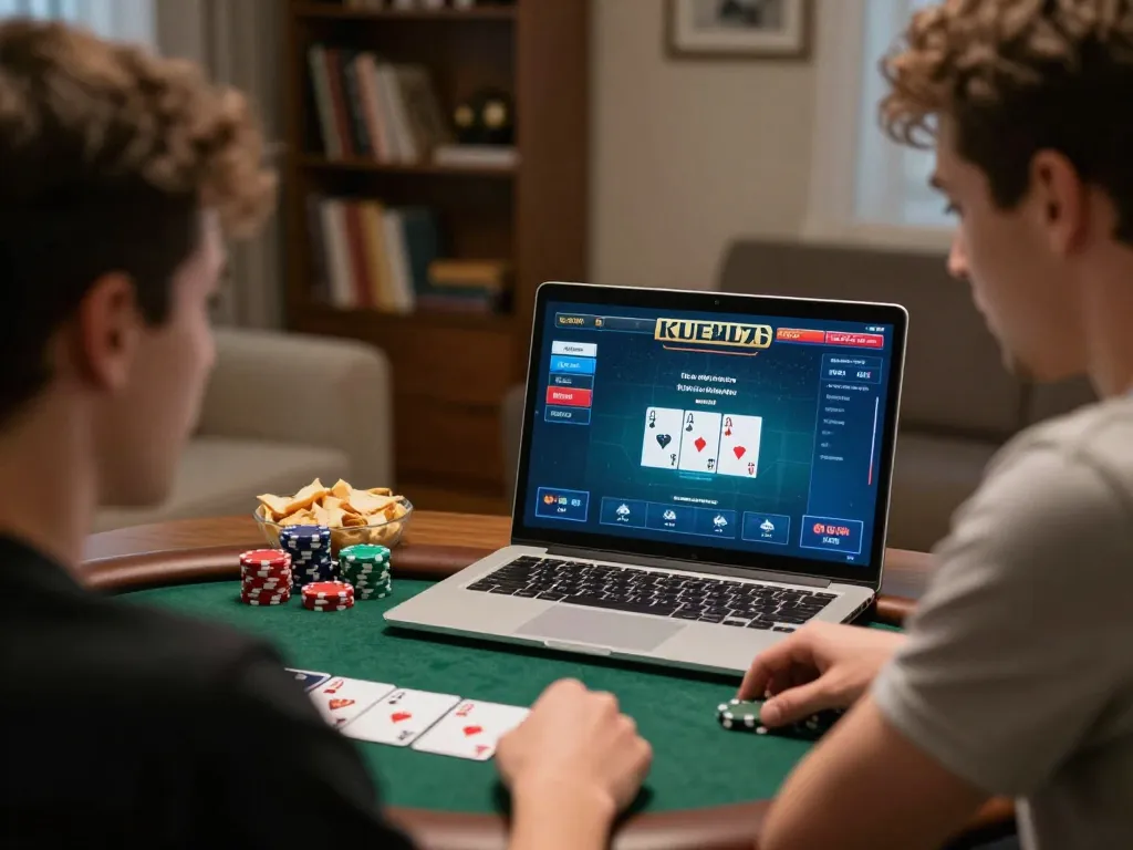 Player enjoying online poker on dinamit4d platform with focused strategy and cozy home setting