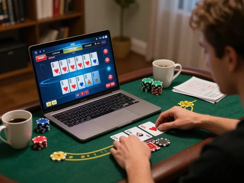 Playing poker on 789bet’s online platform with strategic notes in a cozy home environment