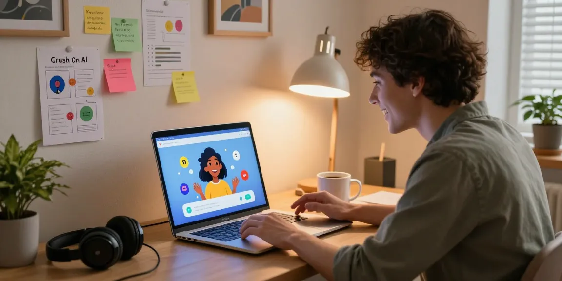 Crush on AI user interaction in a cozy home office, showcasing engaging chatbot experience.