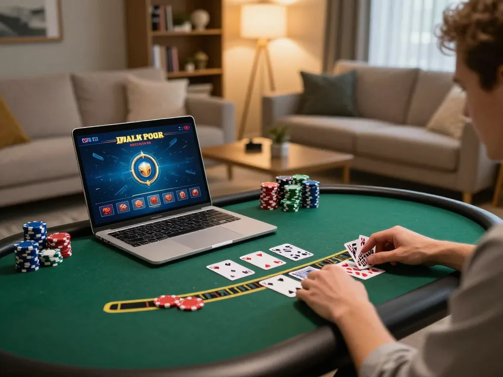 Playing online blackjack at home with RR99, featuring virtual table and gaming setup