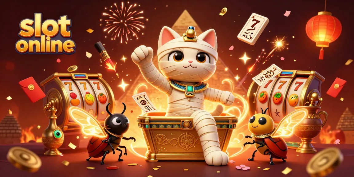 Bermain slot online dengan kucing mummy Mesir dan scarab di kasino piramida yang meriah.