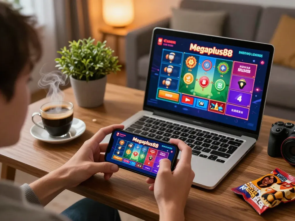 Engaging in strategic gameplay on the megaplus88 casino app, showcasing a cozy home gaming setup.