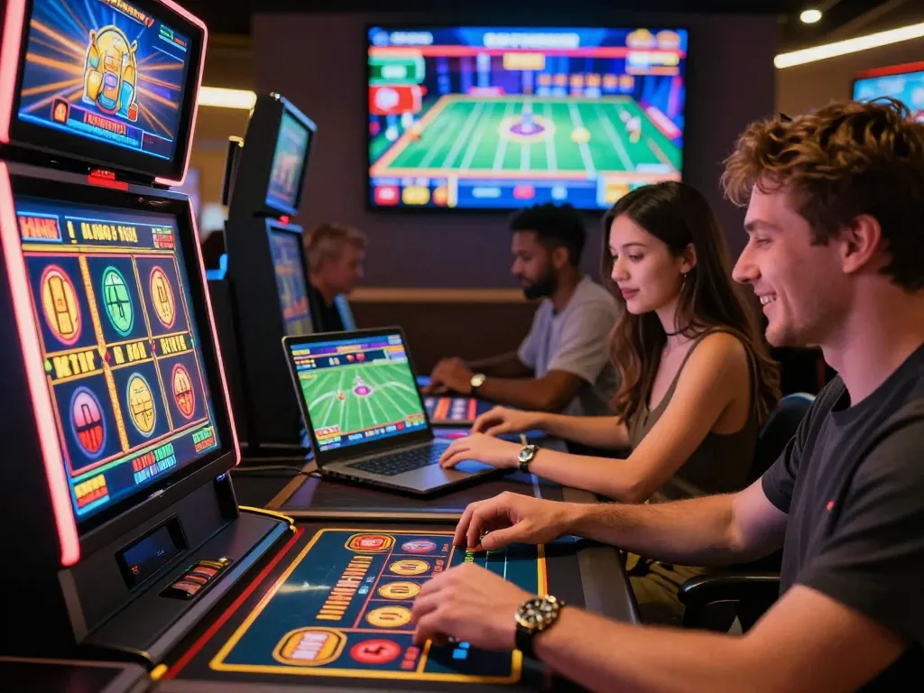 Dynamic gambling experience at nhà cái nk88 with players enjoying slots and sports betting in a modern online casino environment.