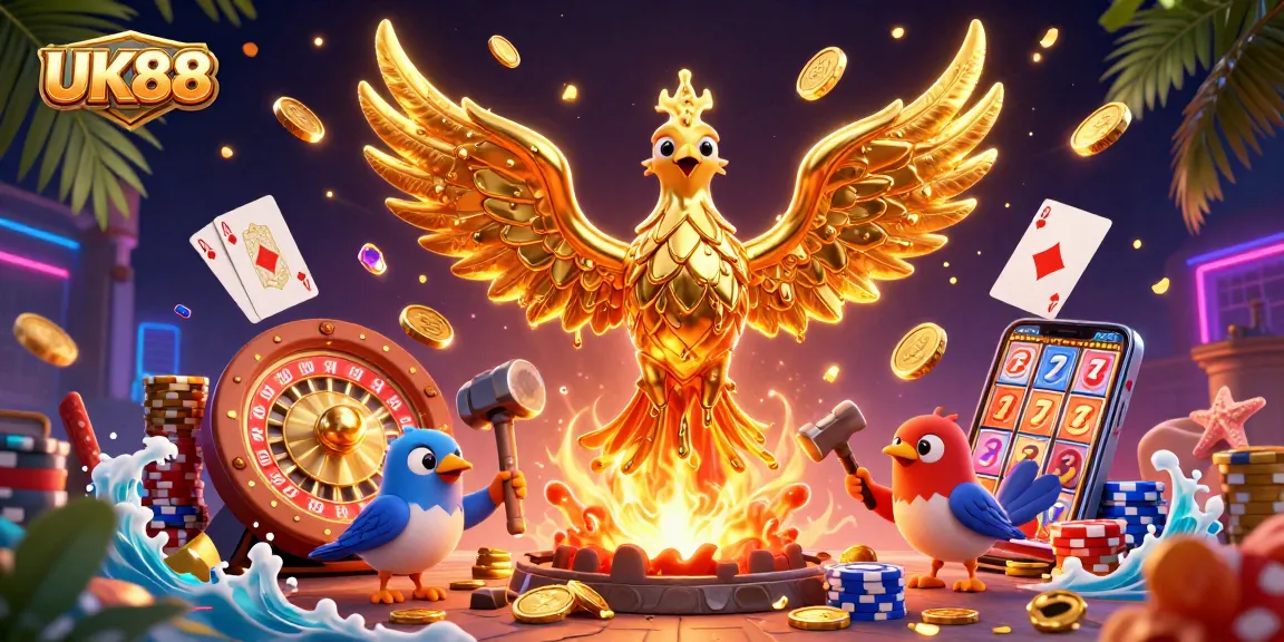 UK88 offers thrilling gaming with a molten phoenix, golden coins, and vibrant casino elements.