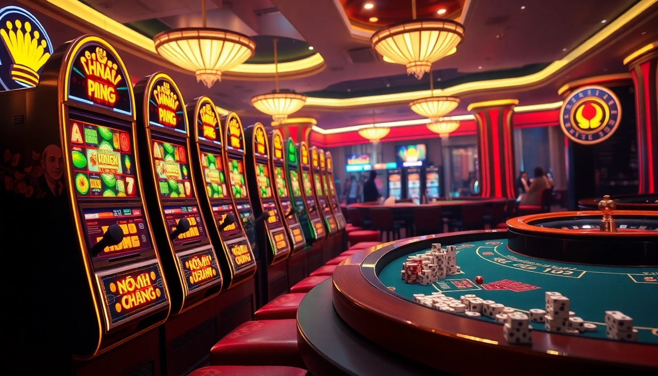 Nổ Hũ Đổi Thưởng slot machines lighting up as players engage in thrilling casino action.