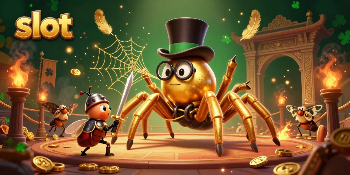 Permainan slot mengasyikkan dengan tarantula emas dan ksatria kecil dalam ilustrasi kasino.
