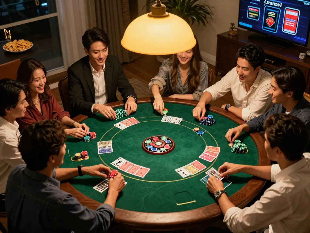 Malam poker di rumah yang meriah dengan teman-teman yang menggunakan aplikasi aman788 untuk pengalaman bermain yang interaktif.
