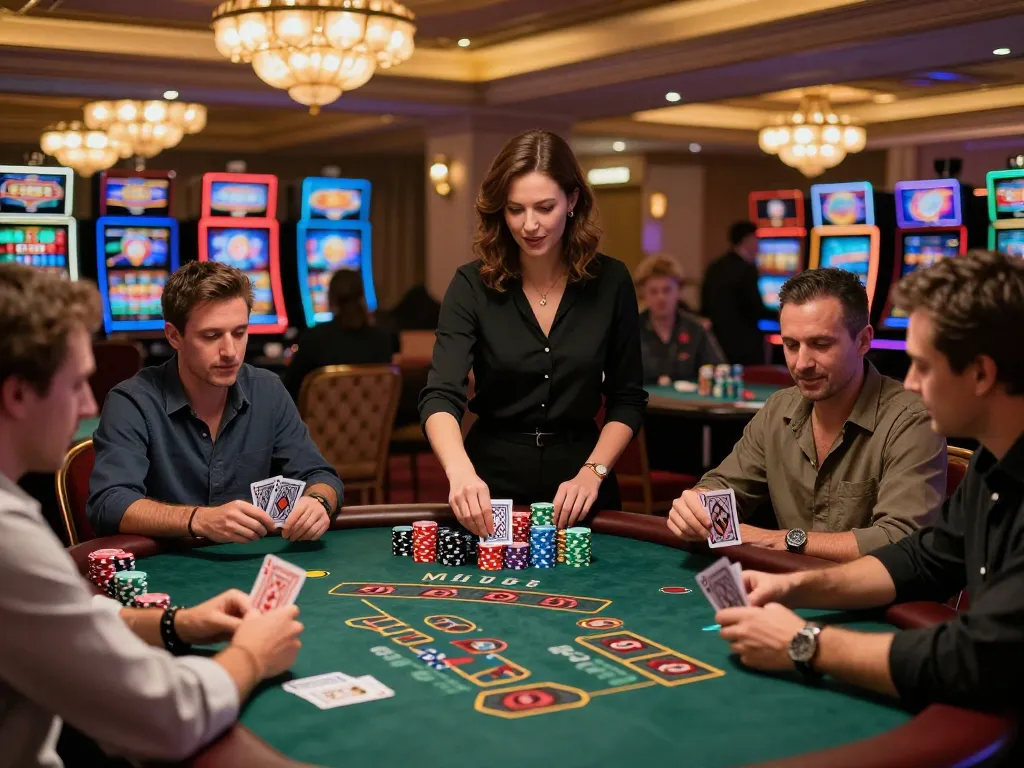mm88 players engaged in intense blackjack game showcasing strategic card-play and vibrant casino vibe