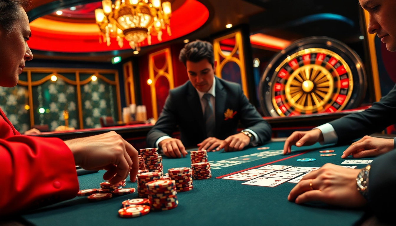 Players strategizing at a high-stakes co88 poker table surrounded by stacks of chips and cards.