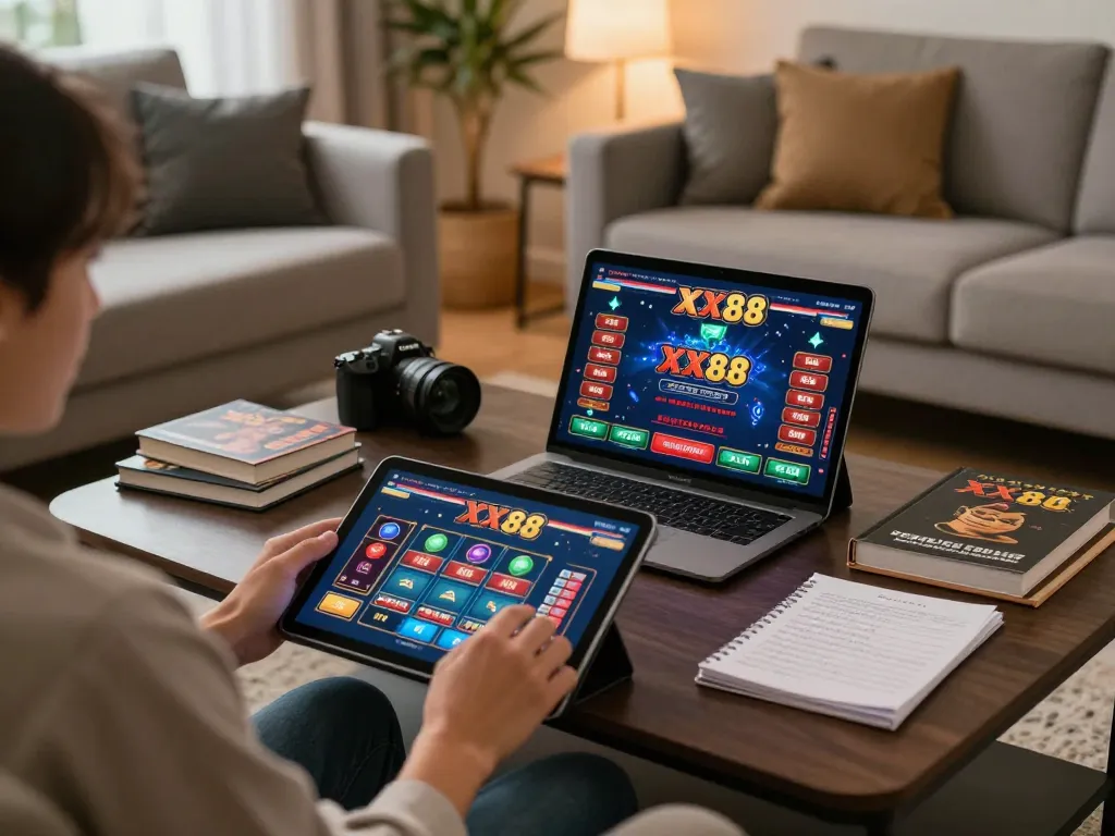 Engaging with the popular online casino game XX88 on a tablet in a cozy home setting.