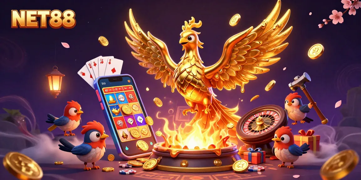 Experience NET88's thrilling gaming scene with a molten phoenix, coins, and vibrant slot games.