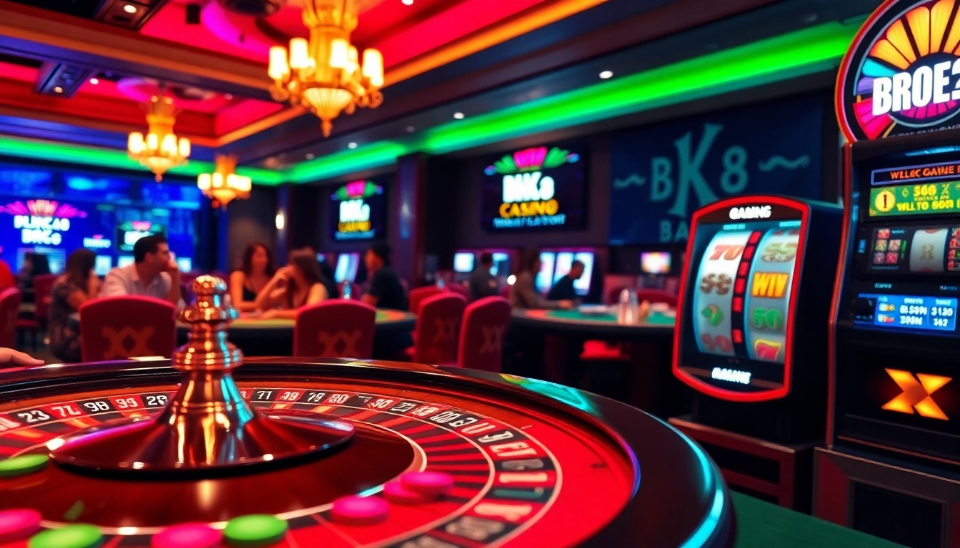 Experience the thrill of bk8 เครดิตฟรี at an exciting casino with vibrant gaming tables and slot machines.