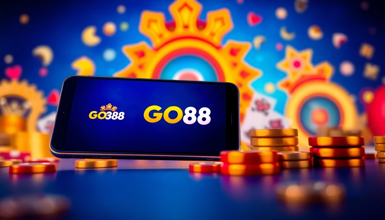 Tải GO88 app interface displayed on a smartphone with vibrant game icons.