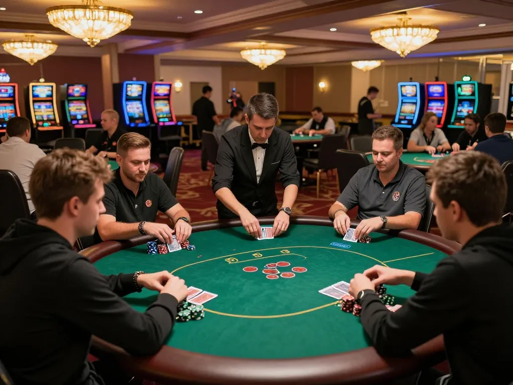 Pemain poker terlibat dalam permainan intens di turnamen kasino DEWI123, menunjukkan chip dan kartu di tengah suasana yang hidup.