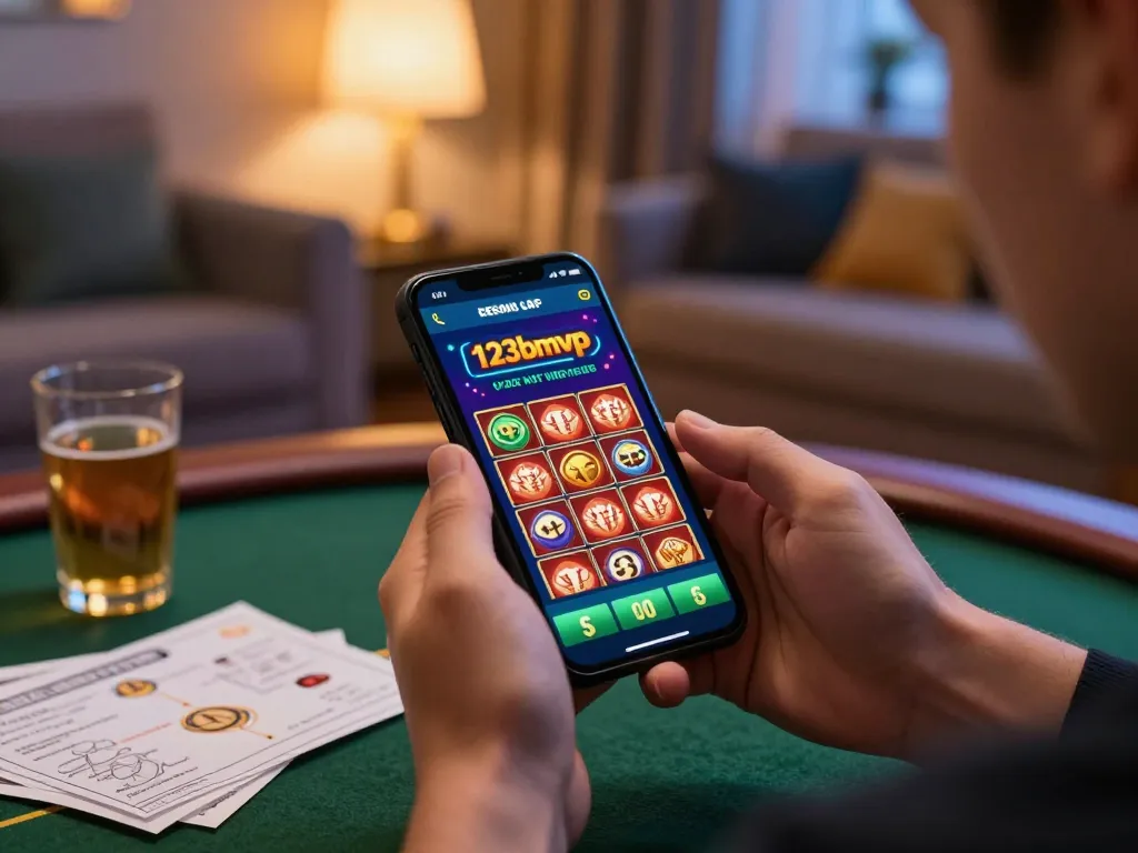 Player enjoying online gaming via the 123bmvp app on their smartphone in a cozy living room setting.
