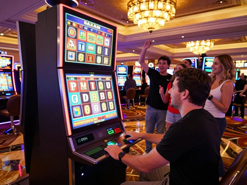 Player spinning a link slot machine in a lively casino, surrounded by colorful lights and vibrant atmosphere.