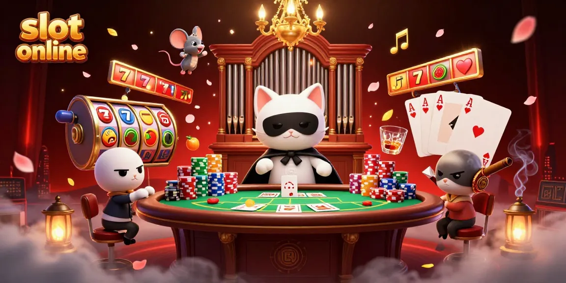 Permainan slot online dengan kucing phantom, akrobat, dan elemen kasino terbang.