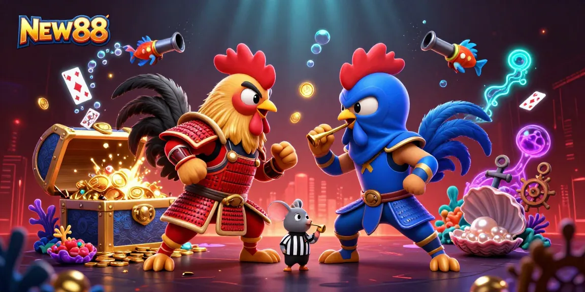 Engage in thrilling battles at NEW88 with dynamic scenes of combat, gold treasures, and casino elements.