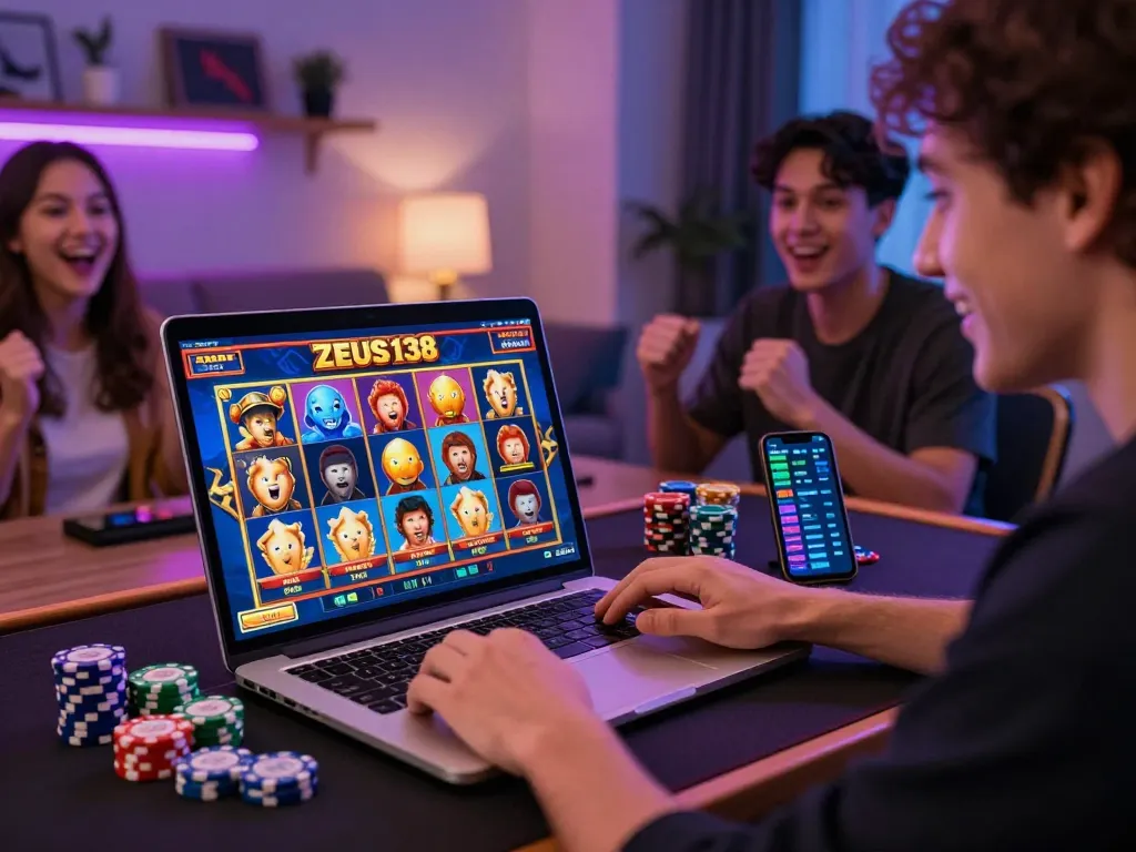 Engaged player enjoying online slots at Zeus138 with colorful tokens and vibrant animations.