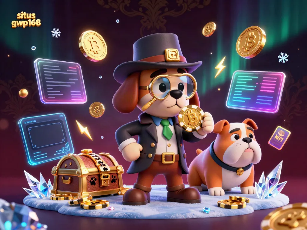 Menangkap petunjuk di situs gwp168 dengan detektif 3D dan teman bulldog, dikelilingi oleh elemen permainan dan koin kripto.