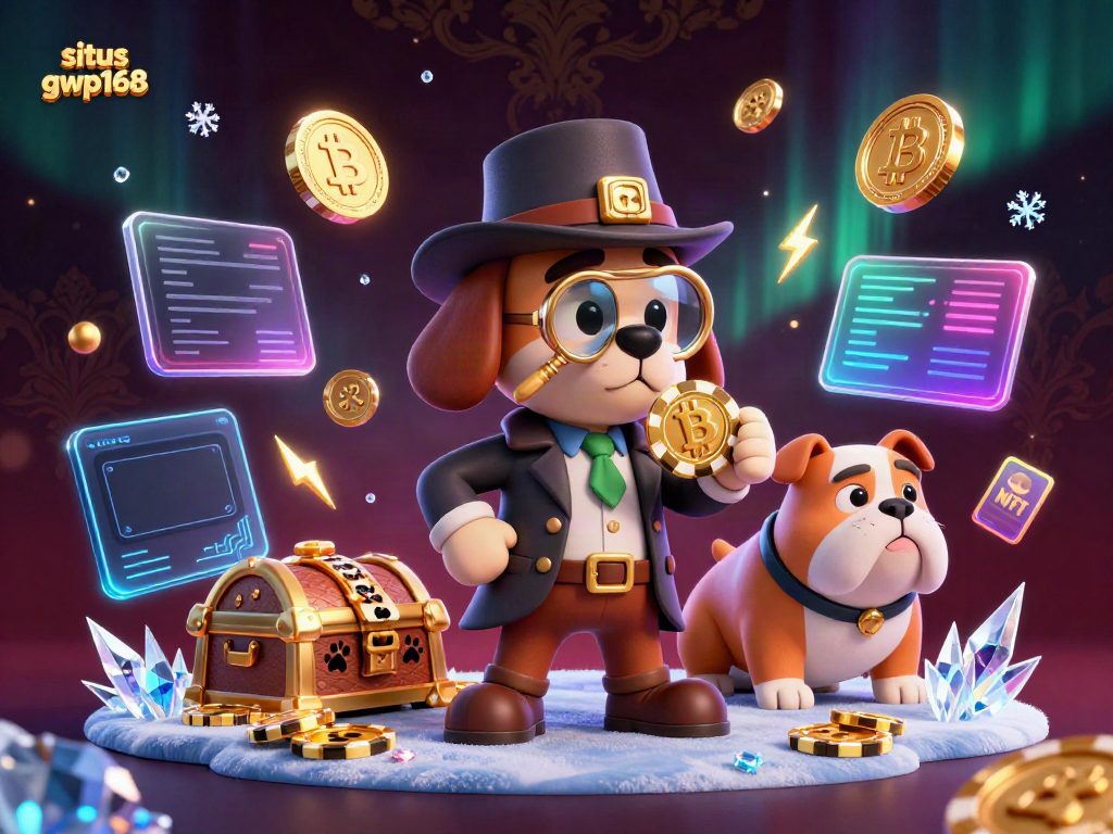 Menangkap petunjuk di situs gwp168 dengan detektif 3D dan teman bulldog, dikelilingi oleh elemen permainan dan koin kripto.