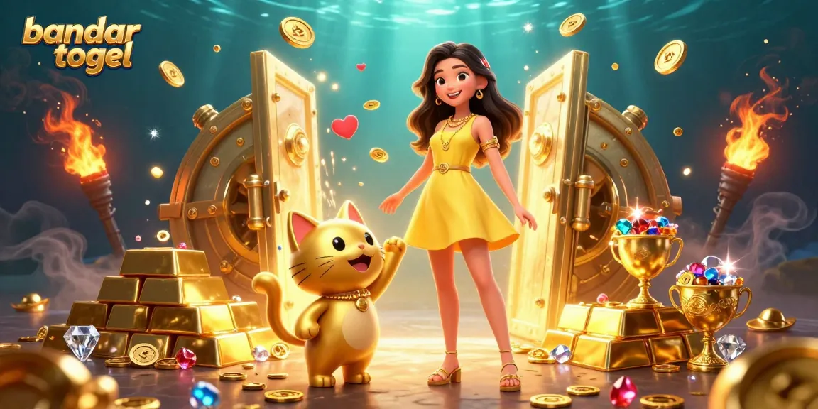 Rasakan kesenangan bermain bandar togel dengan seorang wanita Asia ceria, maskot kucing keberuntungan, dan harta karun emas.