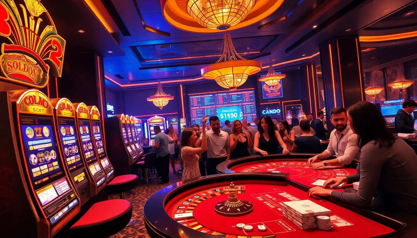 SODO-themed casino scene showcasing lively players at a poker table surrounded by vibrant slot machines.