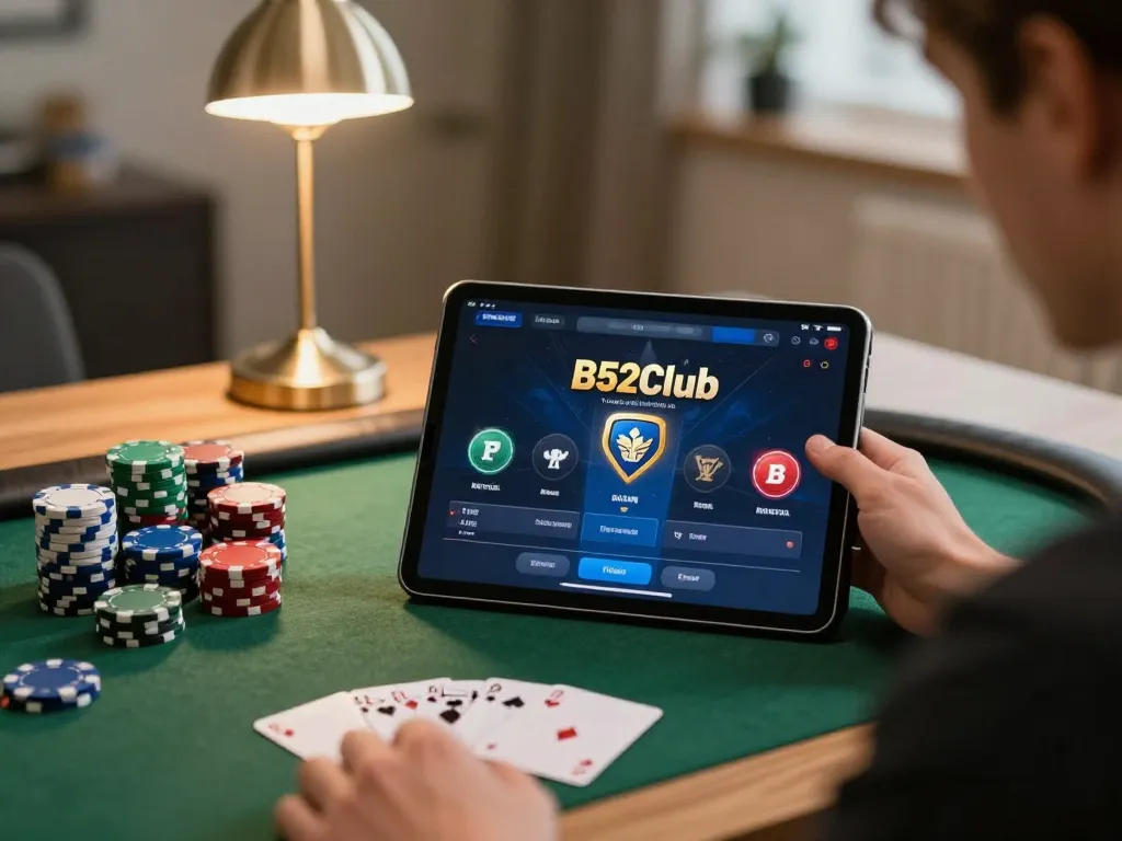 Engaging online gaming session at B52Club showcasing poker action on tablet with colorful chips.