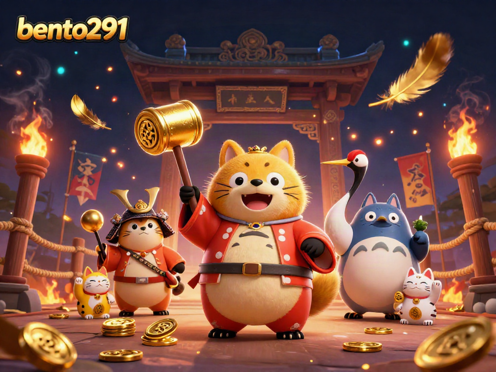 Bento291 brings luck with a cheerful tanuki in a festival outfit, surrounded by vibrant casino elements.
