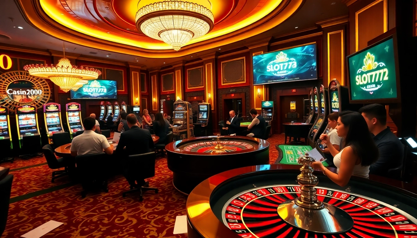 Players enjoying games at a luxurious casino while accessing their slot777 login with excitement.