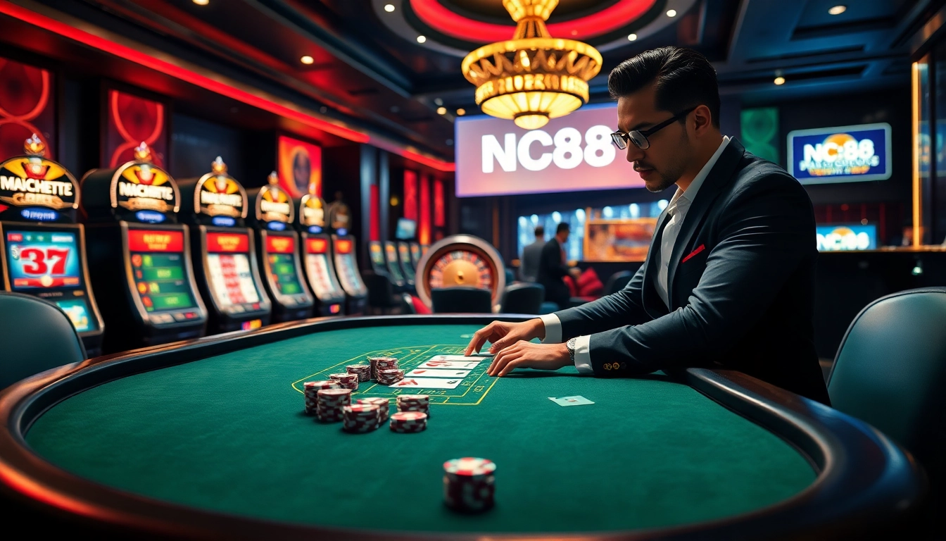 Engaging in a sophisticated gambling game at Nc88's luxurious casino atmosphere.