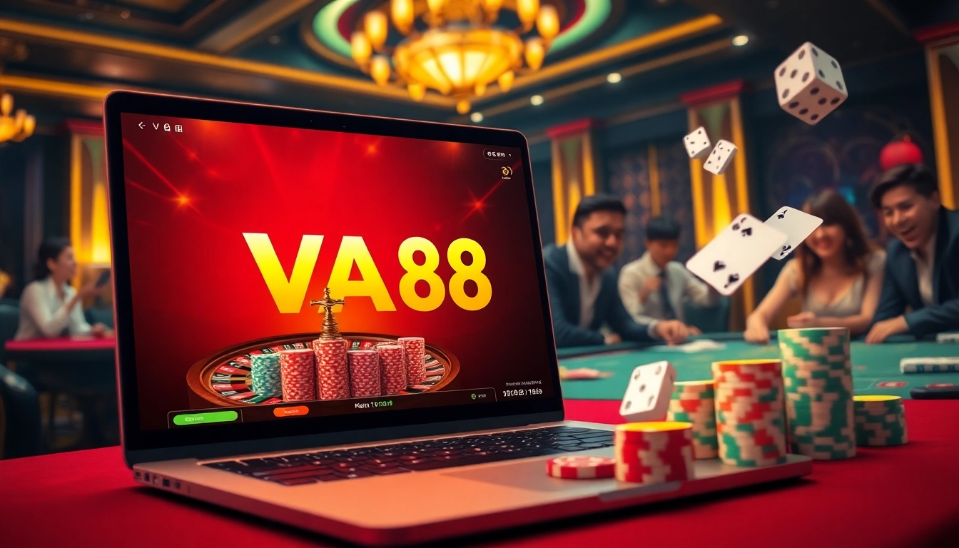 Gamblers engaging excitingly in a luxurious VA88 online casino scene with roulette and poker.