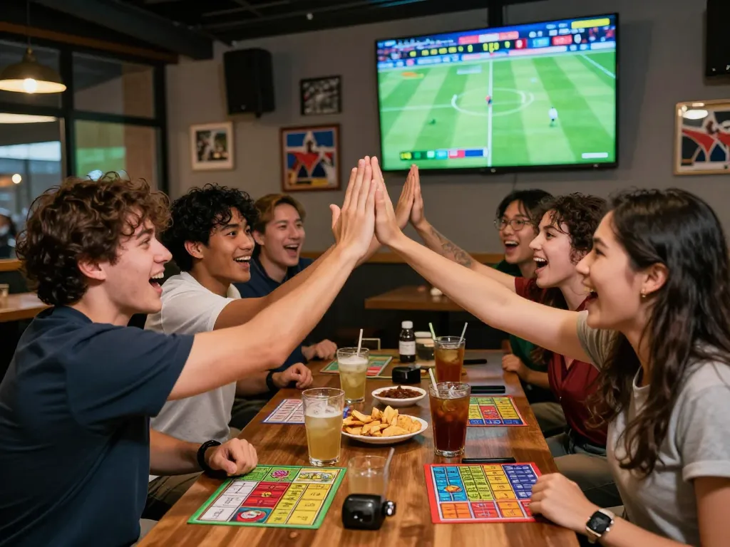 Excited friends celebrating kèo nhà cái bets in a lively sports bar.