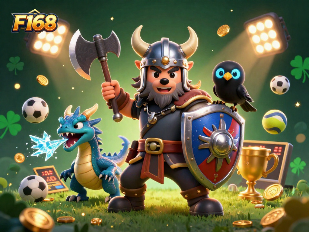 Experience thrilling moments at F168 with a Viking warrior and a fierce dragon, surrounded by vibrant sports and gaming elements.