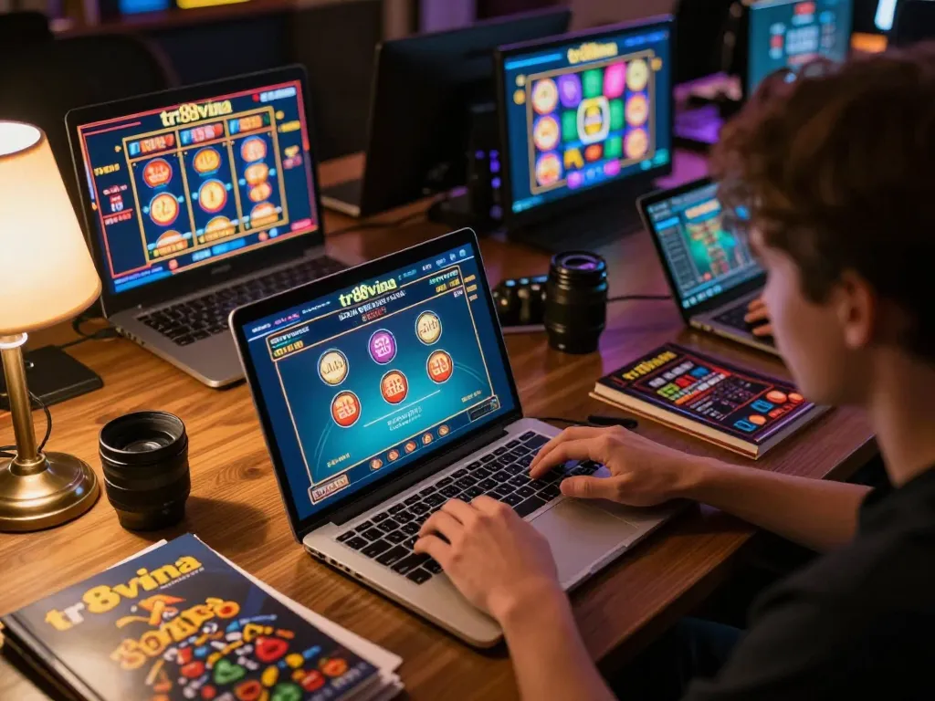 Player engaging in online gaming on tr88vina with colorful games displayed on the laptop.