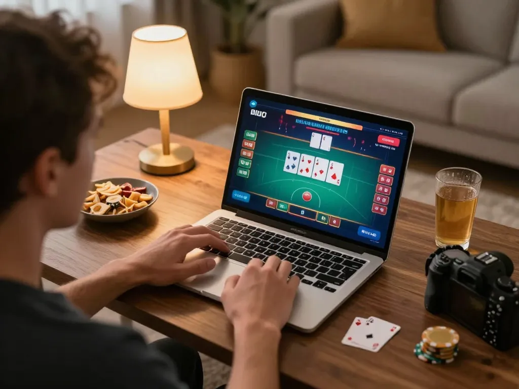 Pemain terlibat dalam poker online di laptop, menjelajahi opsi permainan aman788 dalam suasana nyaman