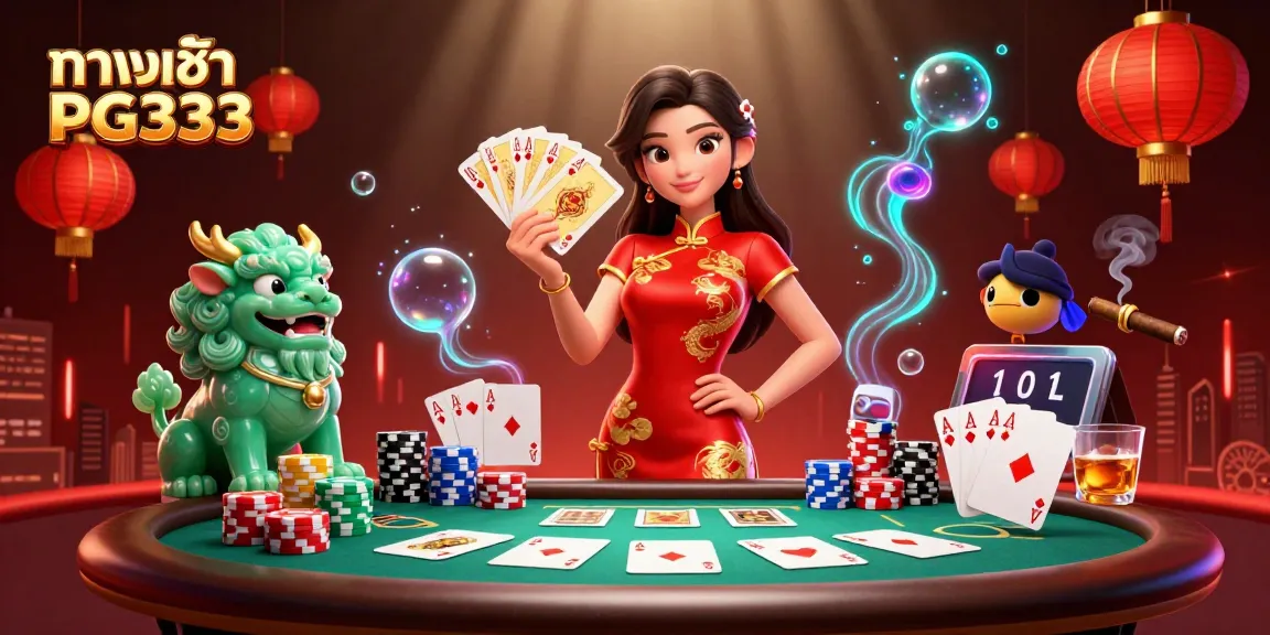 Play poker and win big at ทางเข้า PG333 with vibrant casino illustration.