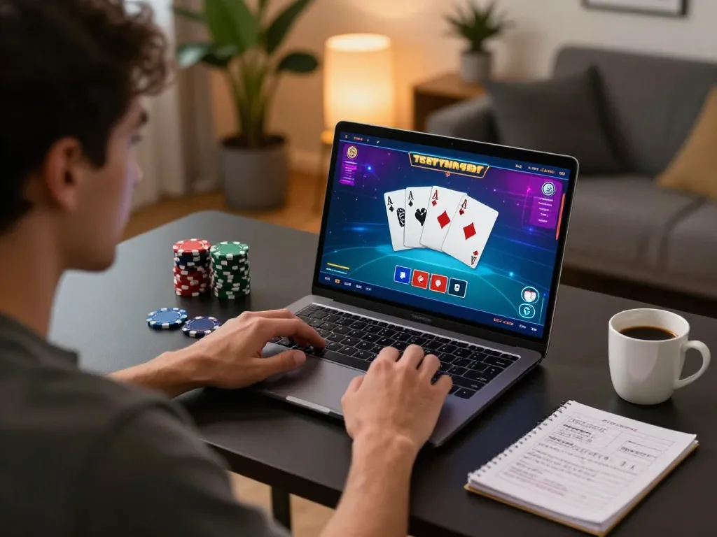 Player strategizing on GEM WIN poker game while enjoying a cozy home environment