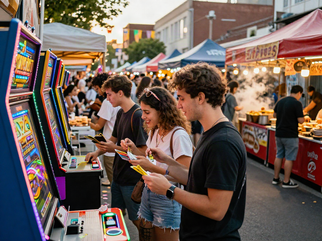Friends enjoying a street fair with vibrant slot machines and festive atmosphere.