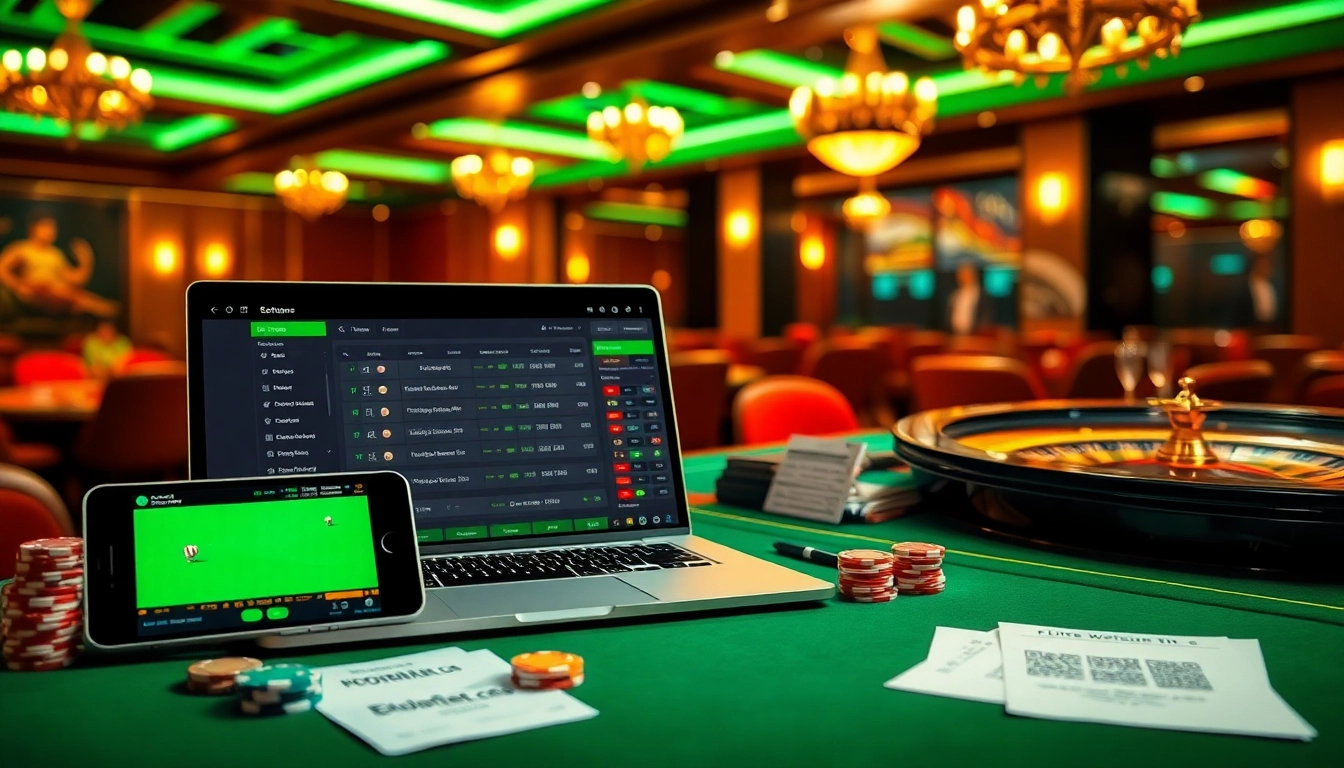 Situs Judi Bola Terpercaya showcasing a secure sports betting atmosphere with betting slips, poker chips, and live football odds.