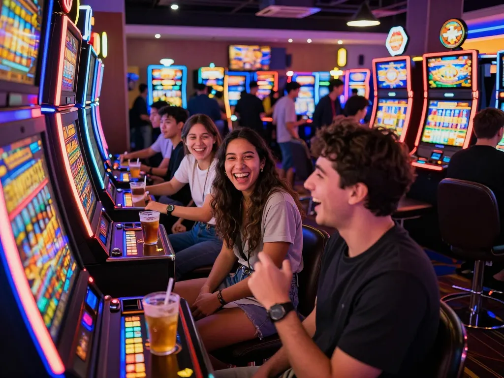 Situs slot gacor scene with friends enjoying vibrant slot machines in a lively casino atmosphere