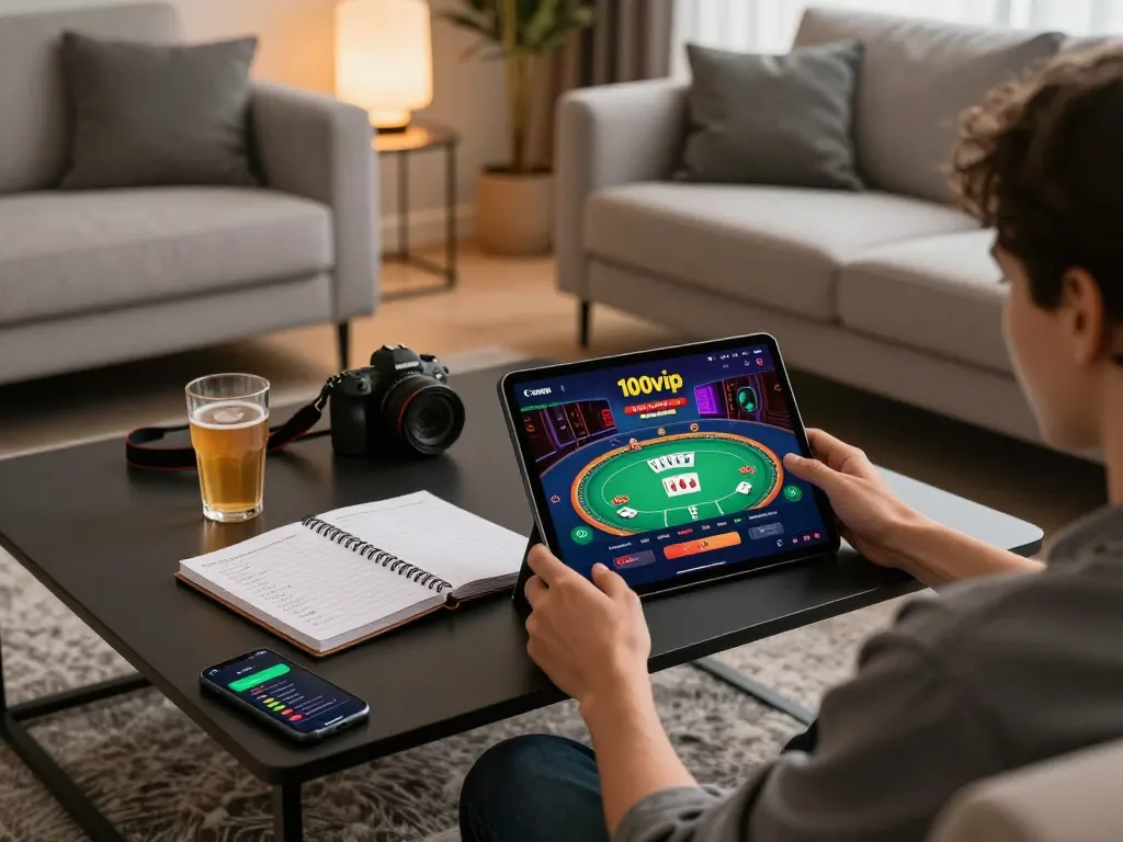 Engaging with the 100vip casino app on a tablet in a stylish home setup, showcasing a strategic online poker game experience.