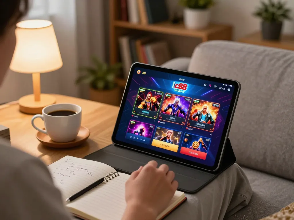 Person playing casino games on lc88vina app at home, showcasing a cozy gaming environment.