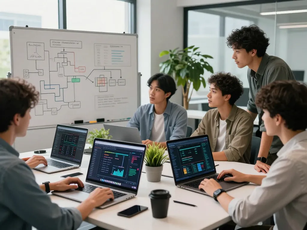 Dynamic team collaborating on innovative juicy ai projects in a modern tech workspace.