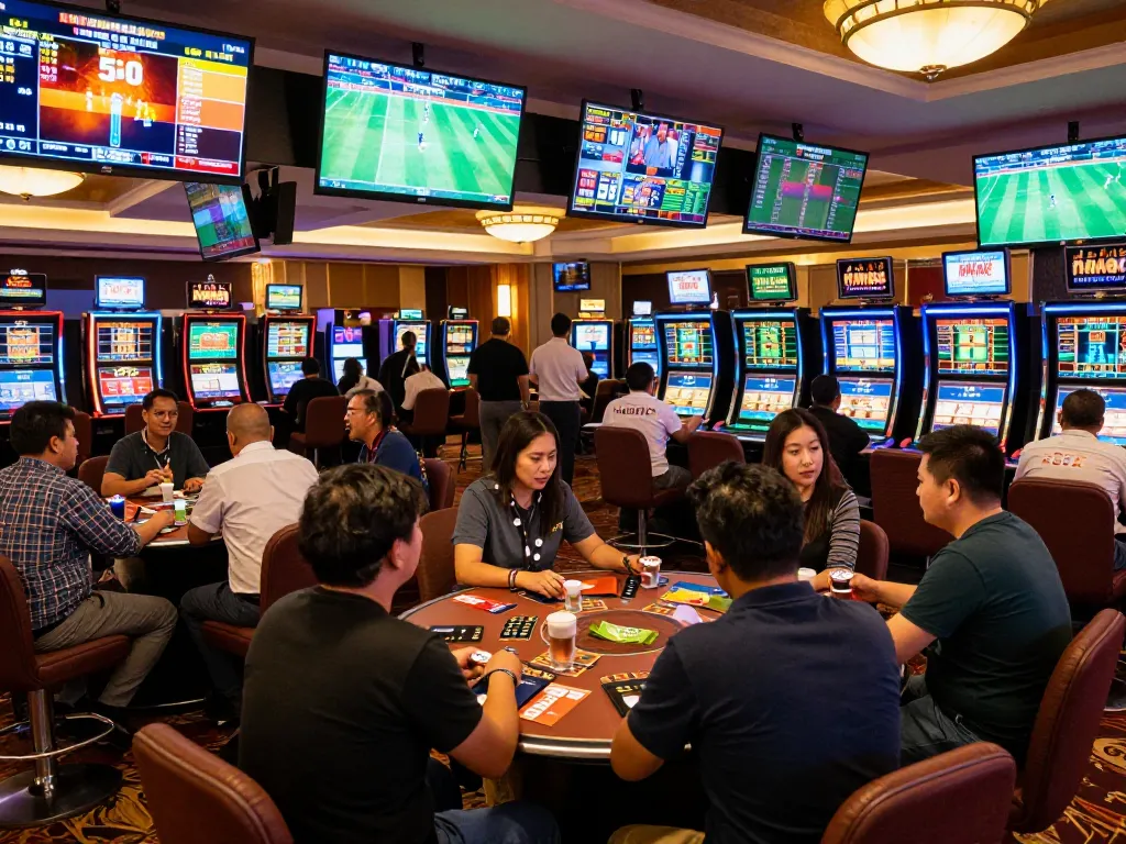 Engaged bettors enjoying thể thao MM88 while analyzing live sports odds in a dynamic casino setting