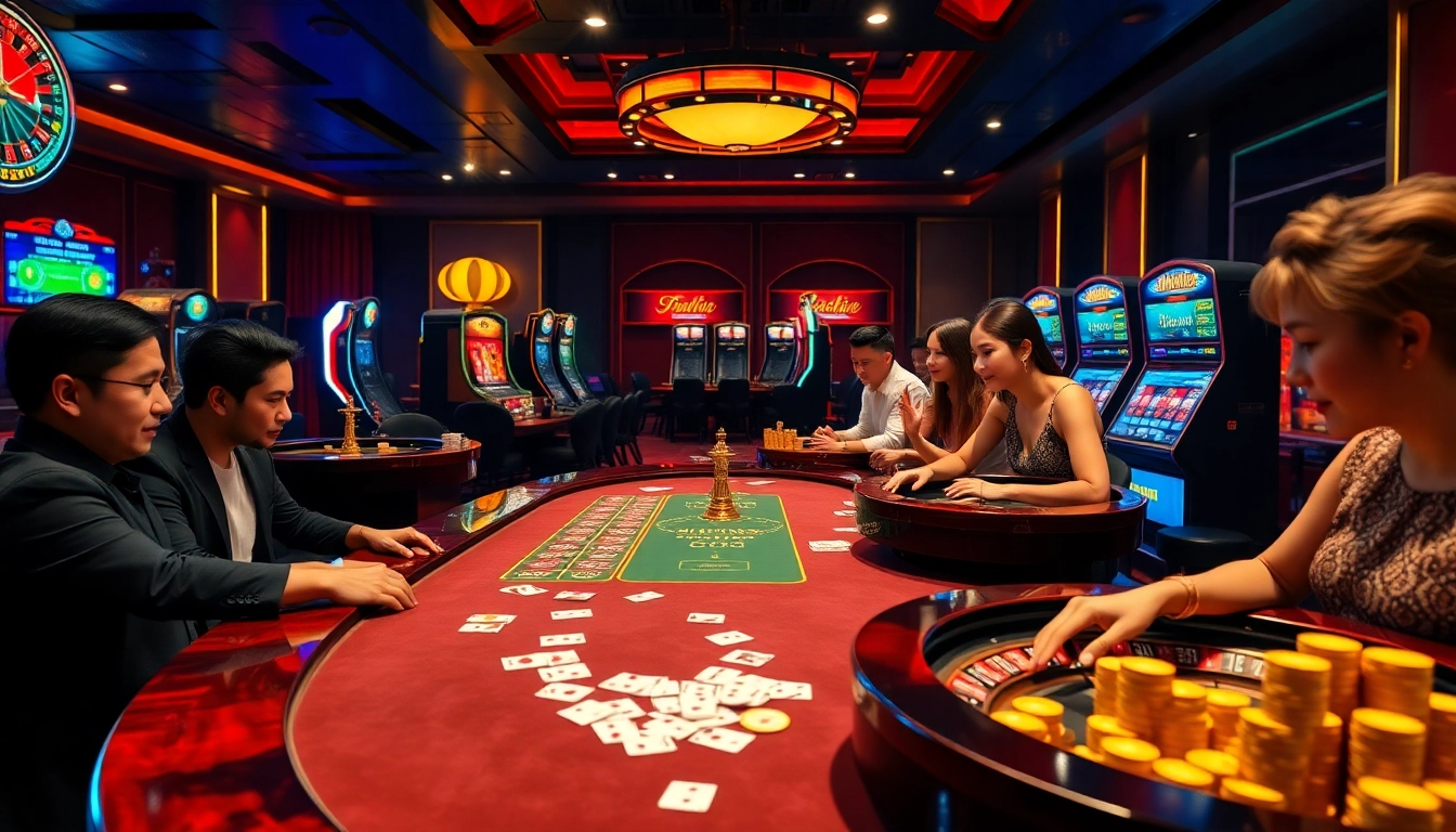 Players enjoying the excitement of nhà cái kjc at a luxurious online casino table.