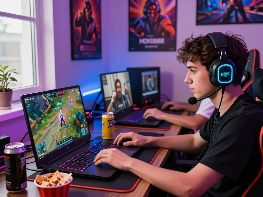 Exciting gaming moment featuring HOKI288 in a lively room with LED lights.