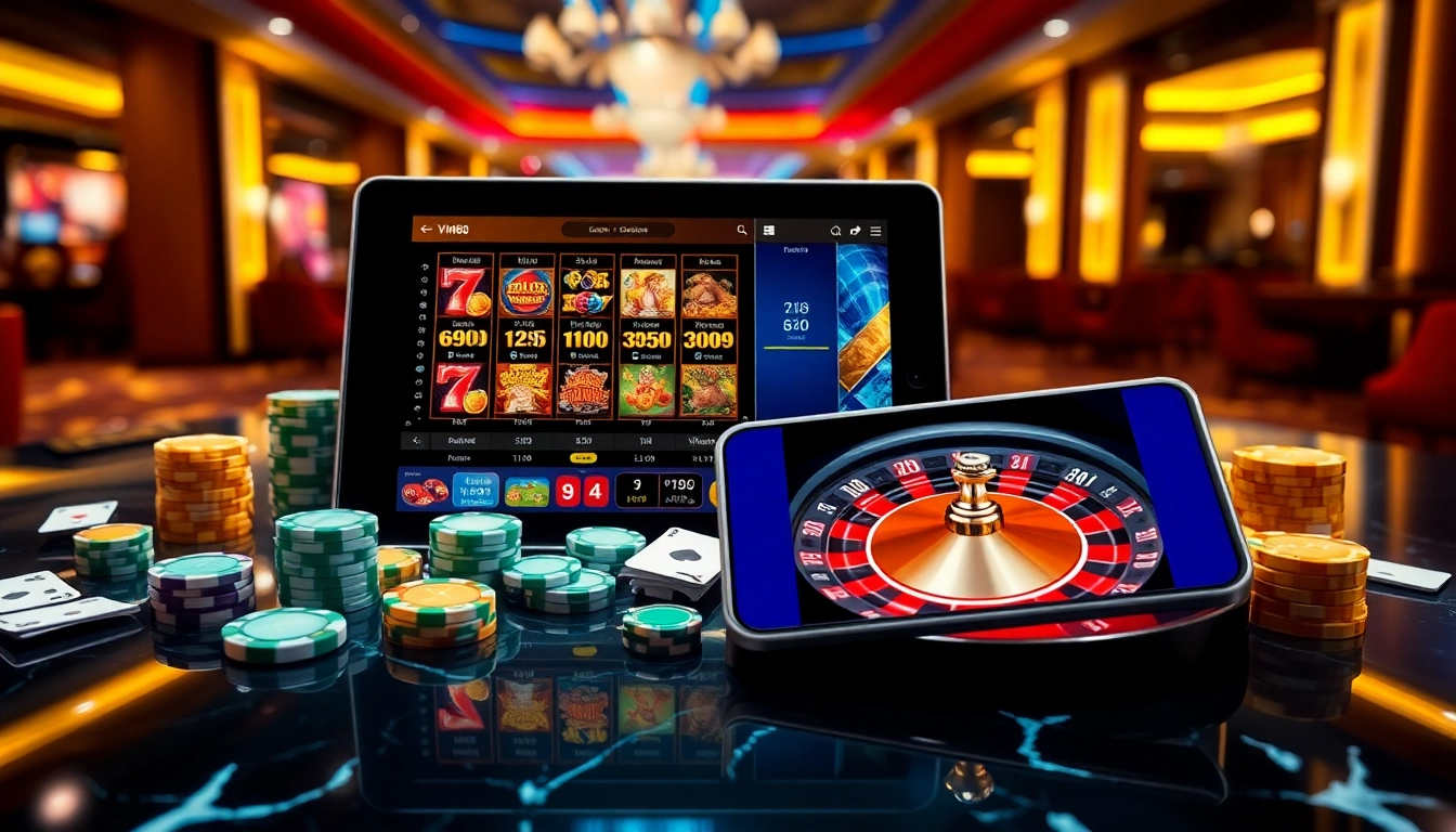 Professional gambler placing strategic bets on VM88 online casino interface with vibrant slot machines